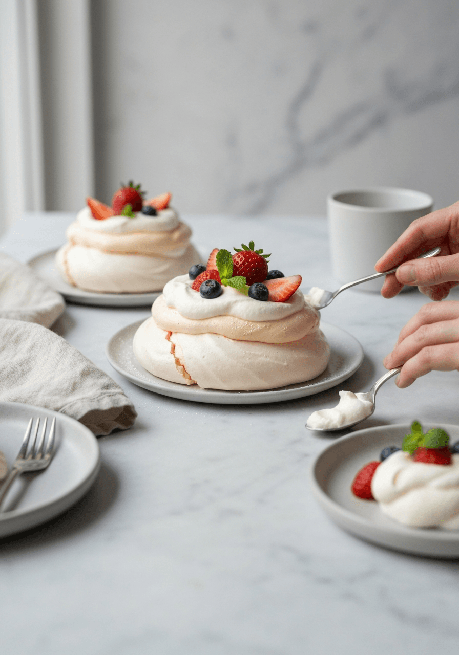Pavlova — Meringue Cloud: Crisp meringue shell, marshmallowy center, topped with whipped cream and fresh fruit. A textural delight that's surprisingly easy to make.