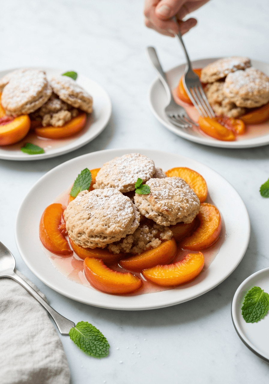 Summer peaches swimming in their own syrup, crowned by nutty brown-butter biscuits that shatter on contact.