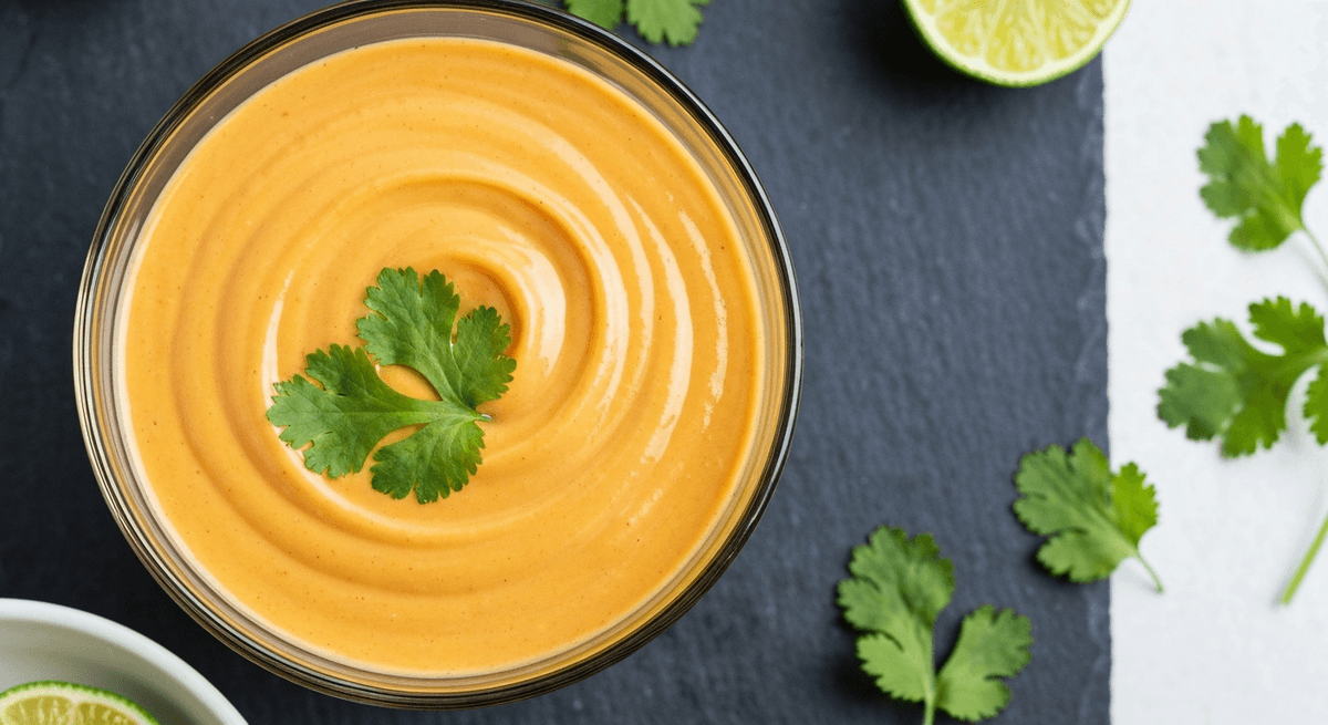 A bowl of creamy peanut lime sauce with lime wedges and chili flakes