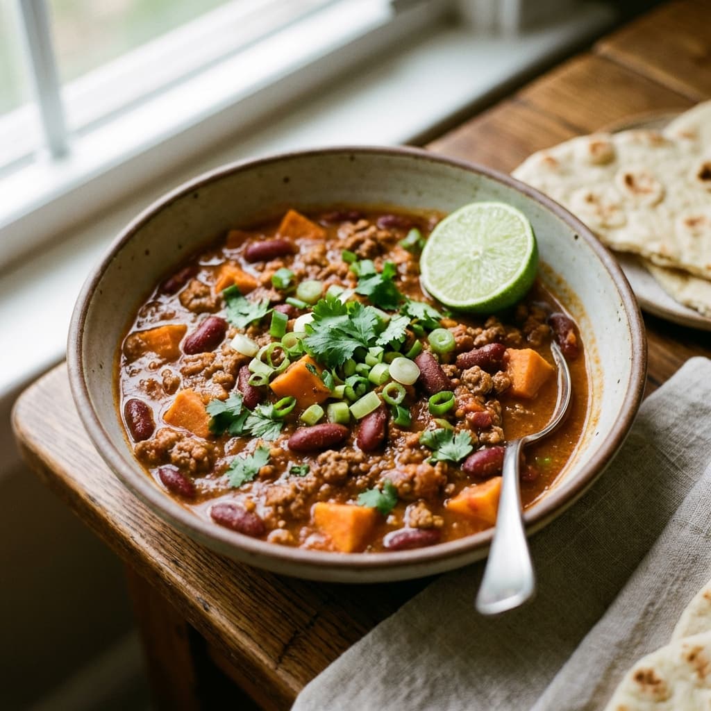 Peanut Stew Chili (Groundnut Meets Chili Body): Chili thickened with peanut butter and finished with lime.