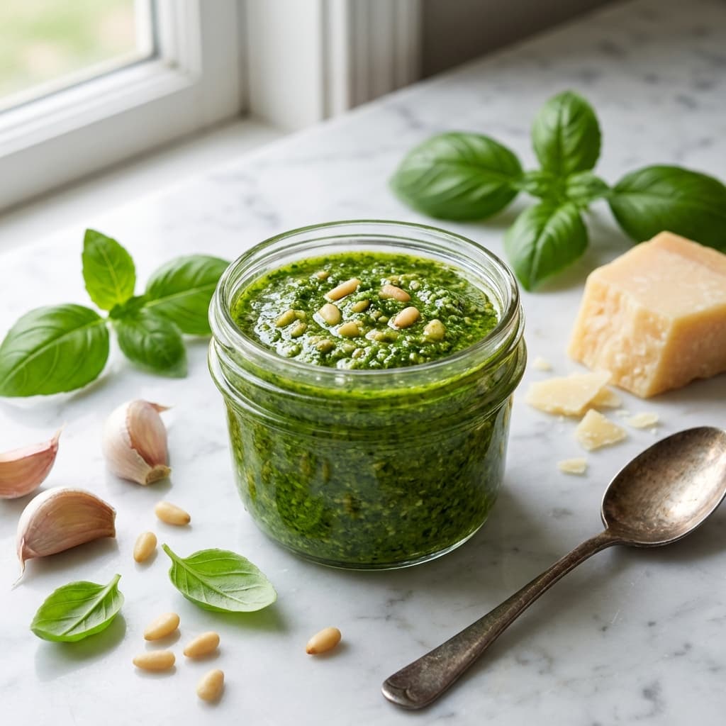 Bright green basil pesto in a glass jar surrounded by fresh basil leaves, pine nuts, garlic, and parmesan cheese on a marble counter