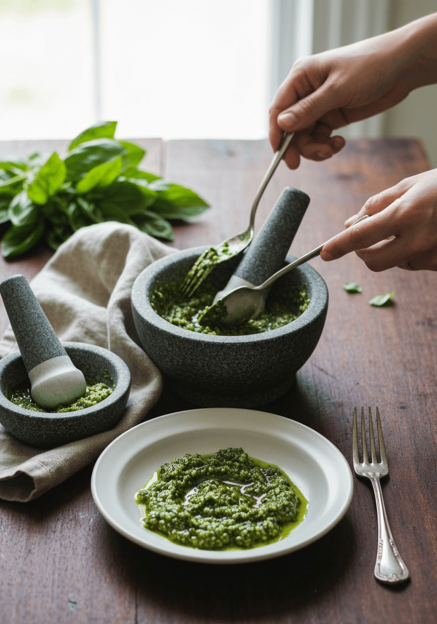 Pesto Genovese: Capture the essence of summer with this vibrant, homemade Pesto Genovese. The mortar and pestle unlocks a texture and flavor you won't believe.