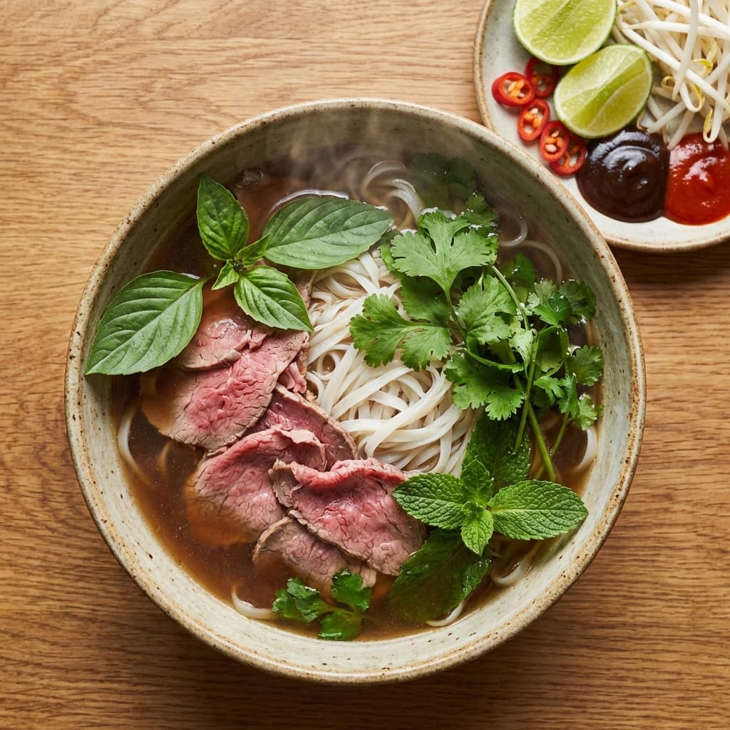 Pho (Beef Noodle Soup): Charred aromatics and crystal clear bone elixir.