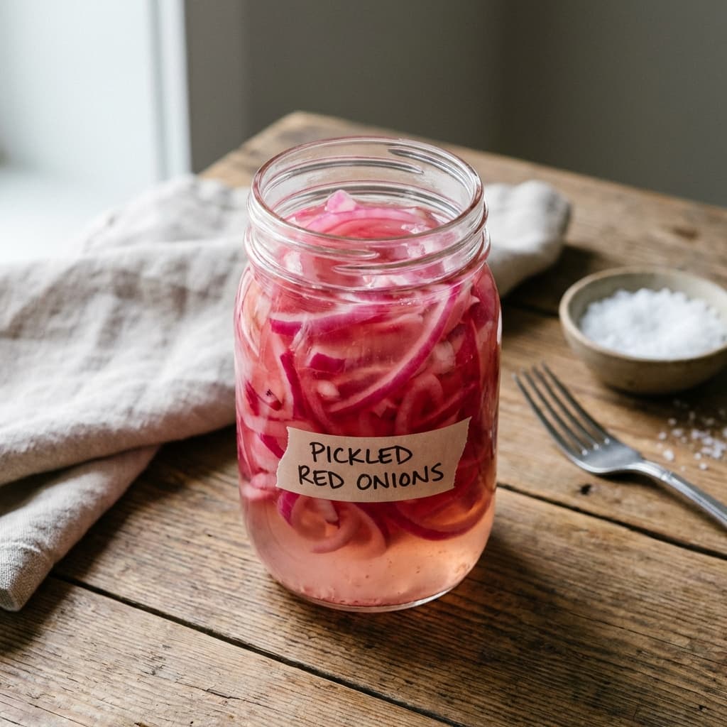 Vibrant pink pickled red onion slices in a mason jar filled with brine on a rustic wooden table