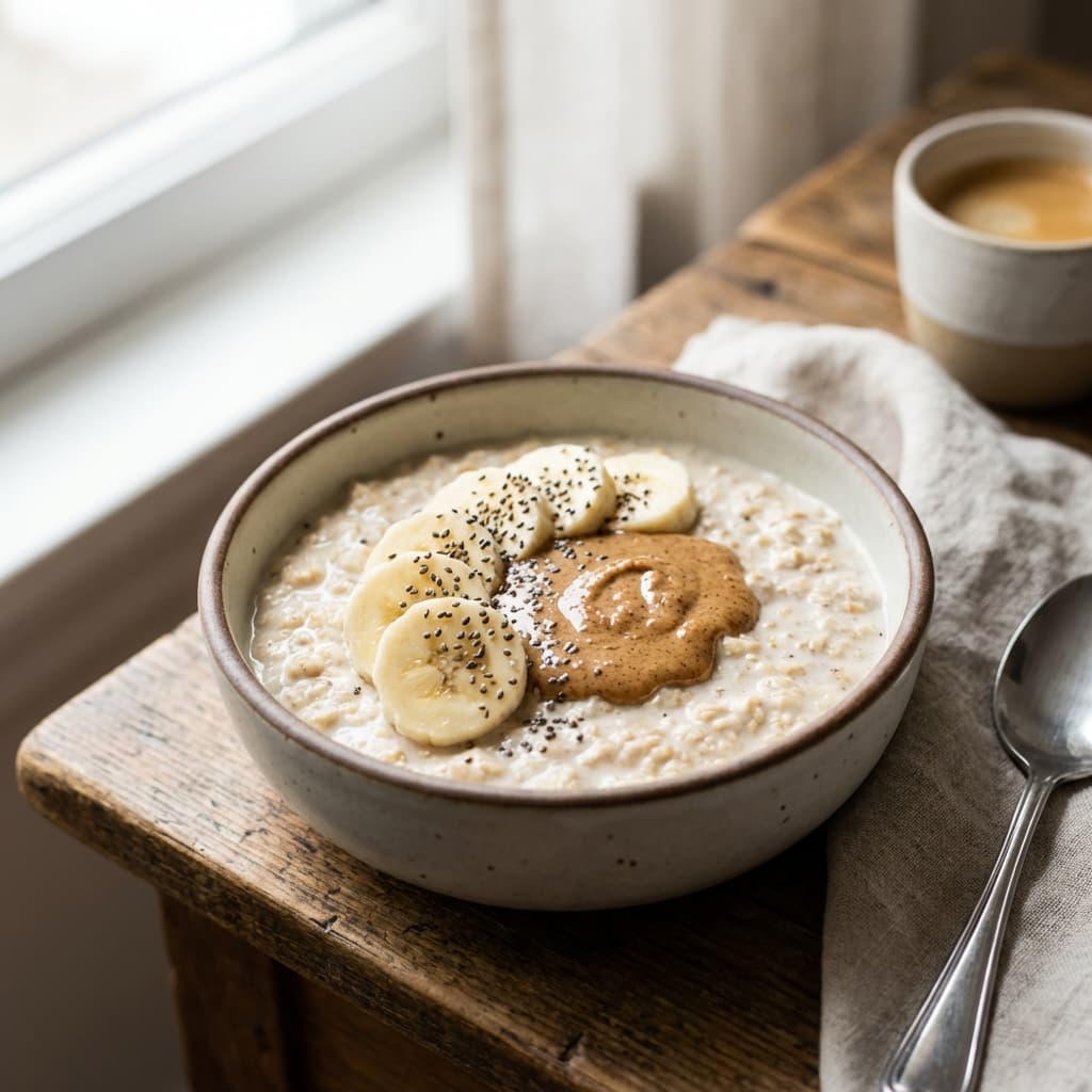 Creamy protein overnight oats in a bowl topped with sliced banana, nut butter, and chia seeds