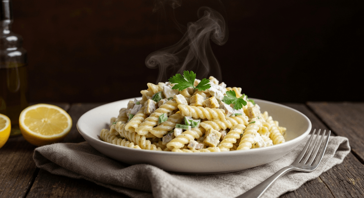 Pasta salad with creamy yogurt dressing, cucumbers, herbs, and chickpeas