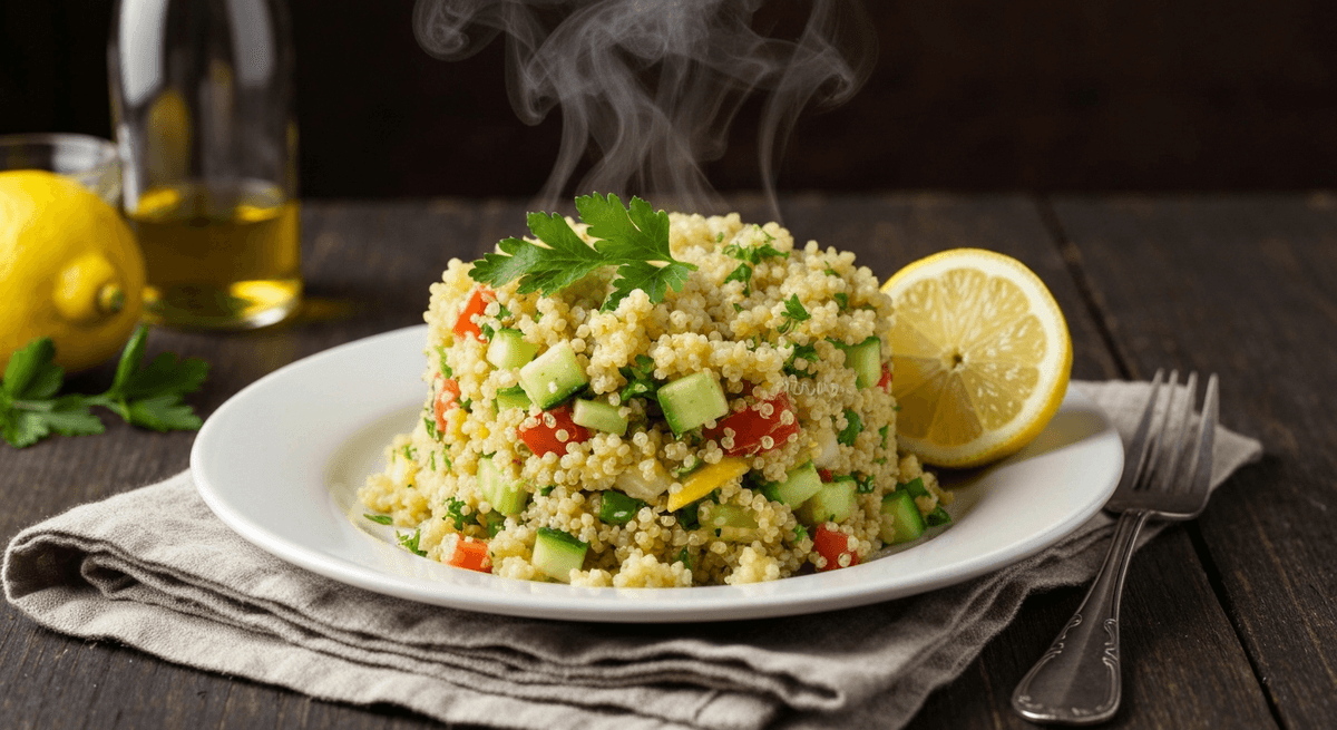 Quinoa salad with cucumber, tomatoes, herbs, and lemon dressing