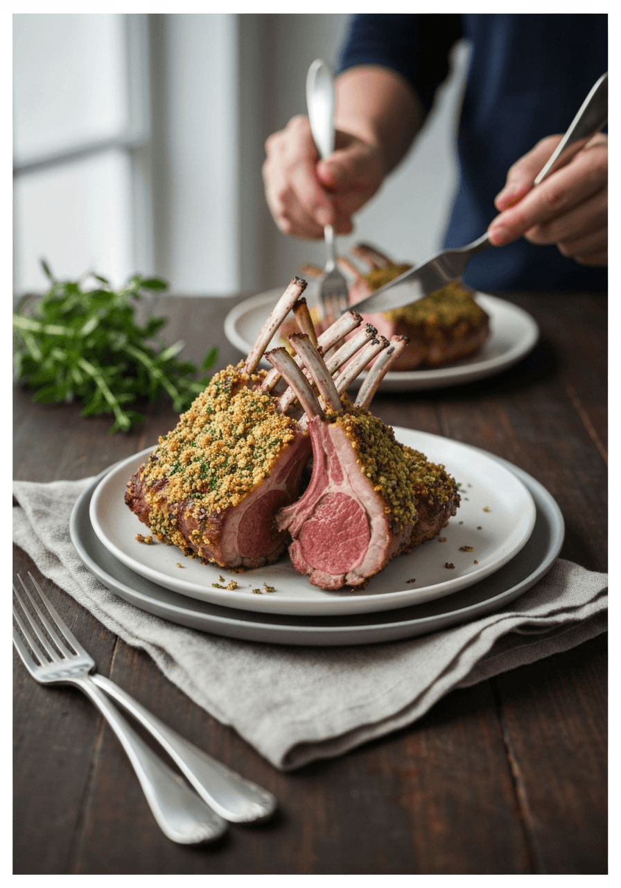Rack of Lamb — Herb Crusted: Impress your guests with this show-stopping rack of lamb, featuring a crispy herb crust and perfectly pink center.