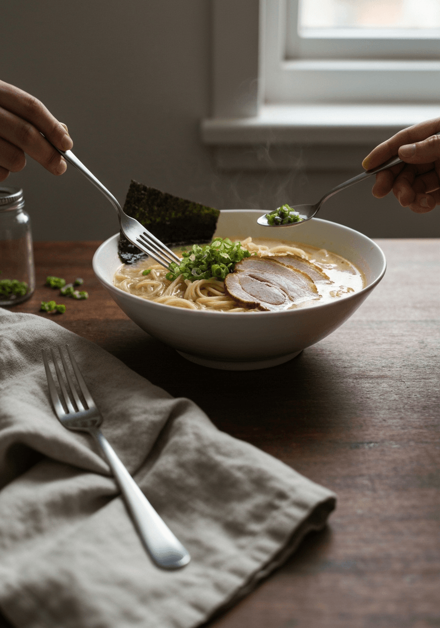 Immerse yourself in the art of Tonkotsu Ramen: a rich, creamy broth and perfectly layered flavors, a true labor of love.