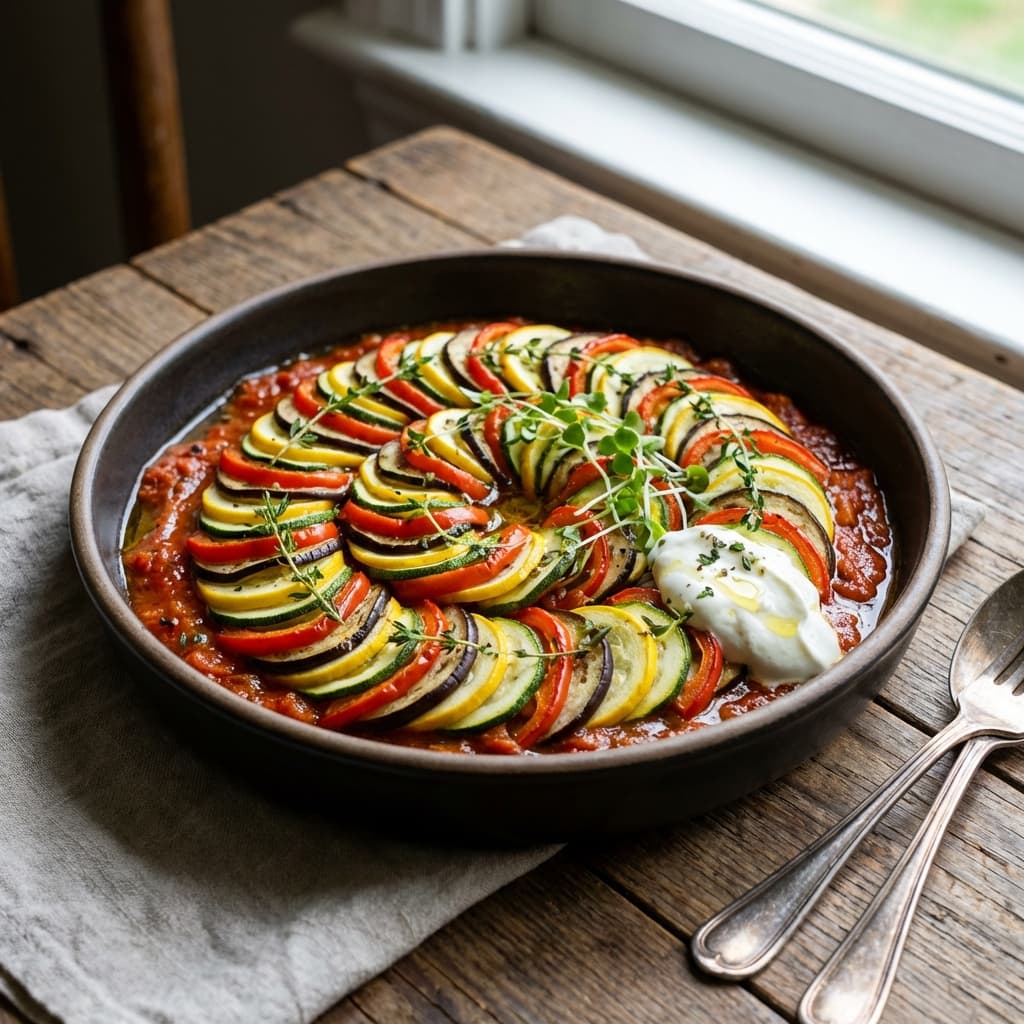 Ratatouille (Confit Byaldi): Vegetables arranged like dominoes, baked until melting.