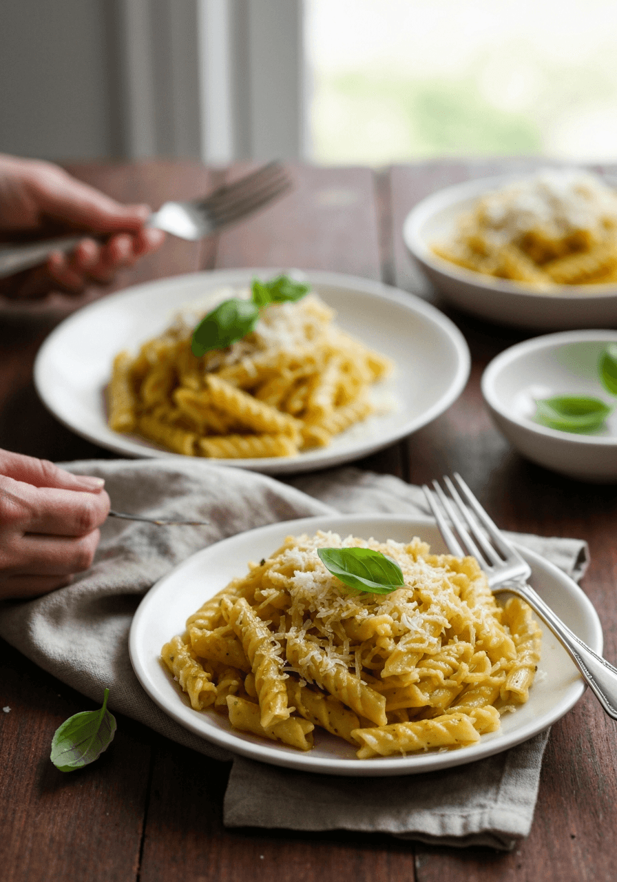 RAW Vegan Curry Lemon Garlic Pasta Recipe on a serving plate.