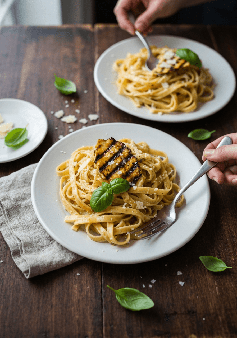 Raw Vegan Fettuccini Alfredo Recipe on a serving plate.
