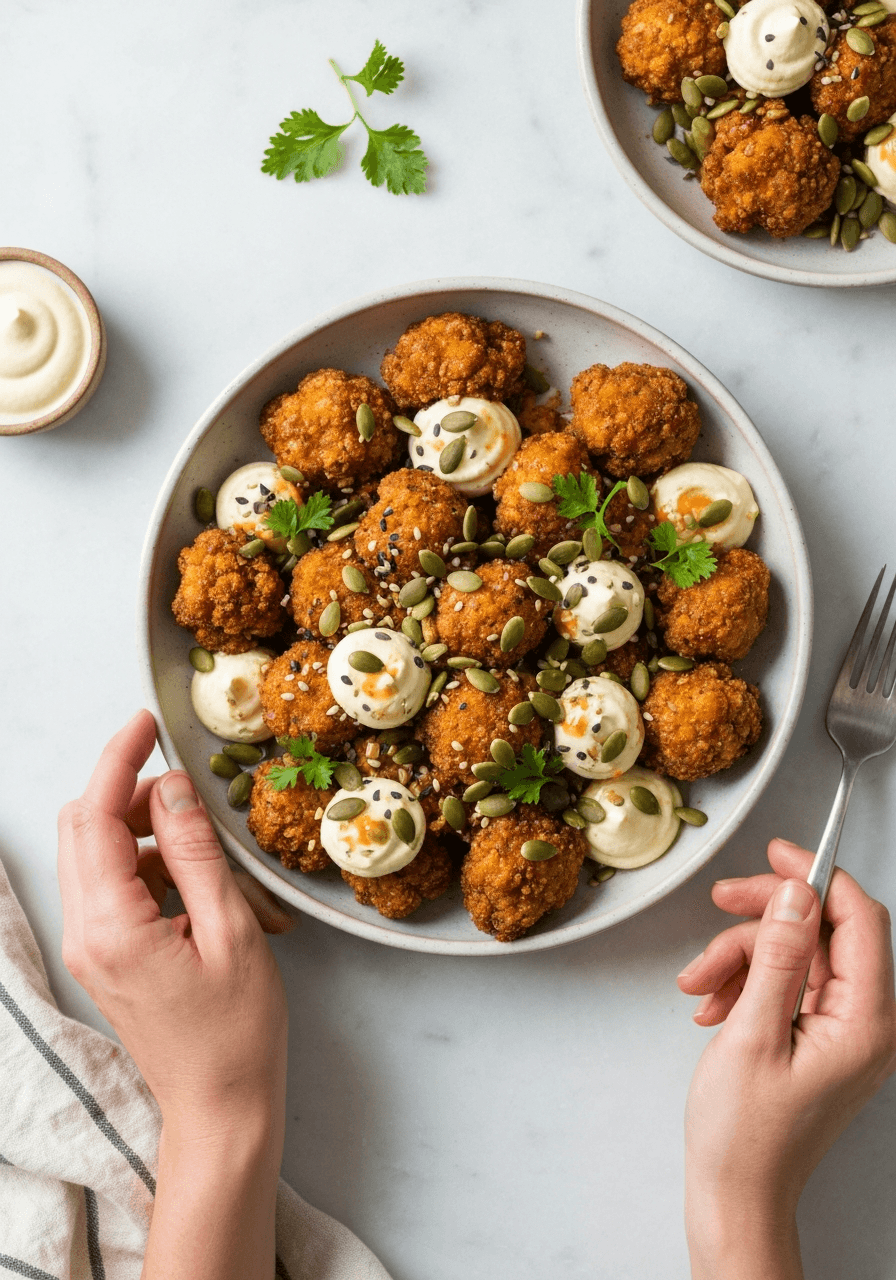 RAW VEGAN "Fried" Jerk Cauliflower Wings Recipe on a serving plate.