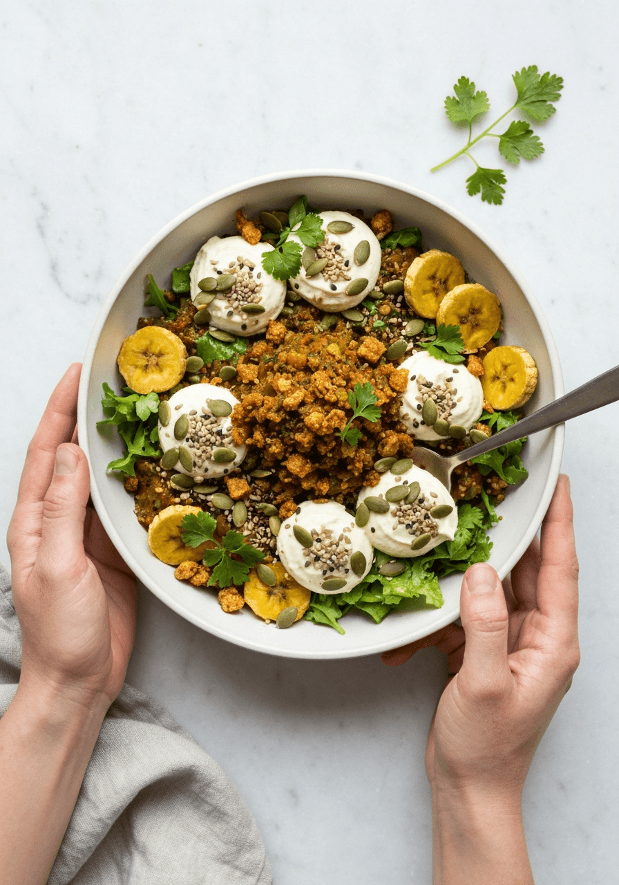 Raw vegan plantain salad with curry seasoning, herbs, red pepper, and sun-dried tomatoes.