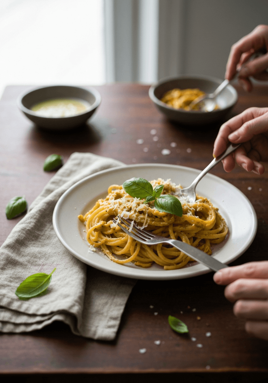 Raw Vegan RICH Curry Thai Peanut Pasta Recipe (PEANUT-FREE) on a serving plate.