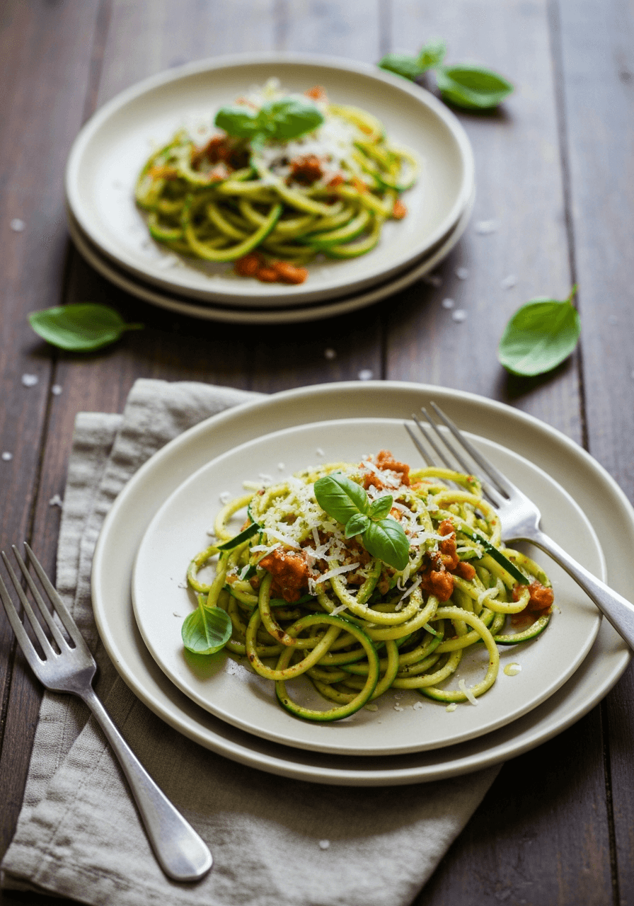 Raw Vegan RICH Curry Zucchini Noodles Recipe on a serving plate.