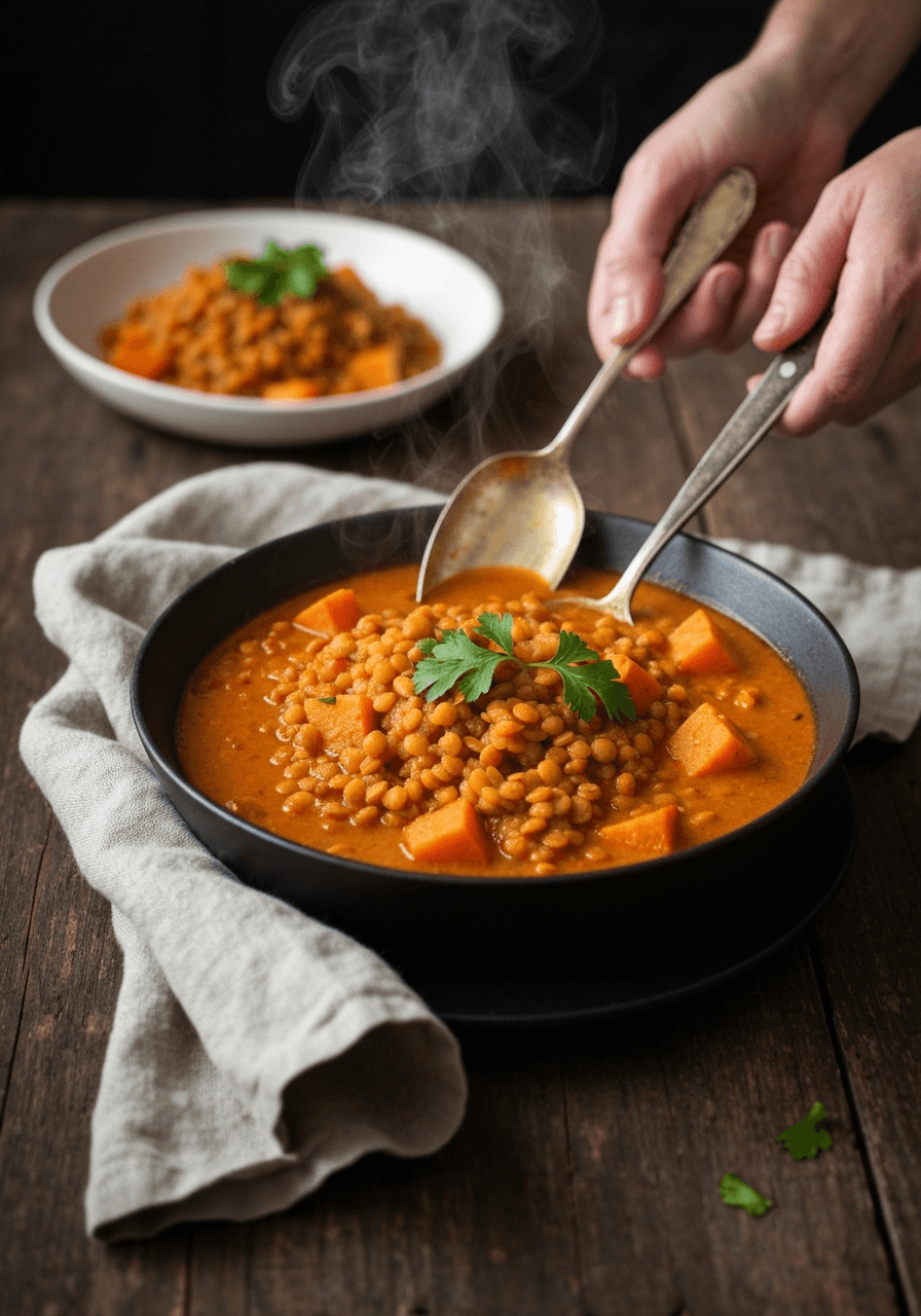 Red Curry Lentils with Sweet Potatoes: A stew that eats like a meal. The lentils thicken the curry.