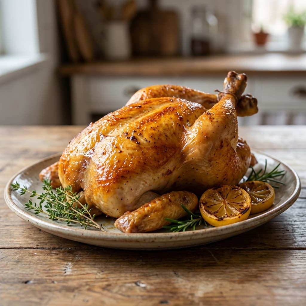 Whole golden roasted chicken on a ceramic platter with fresh herbs and lemon
