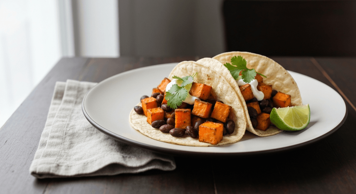 Corn tortillas filled with roasted sweet potatoes and black beans with lime wedges