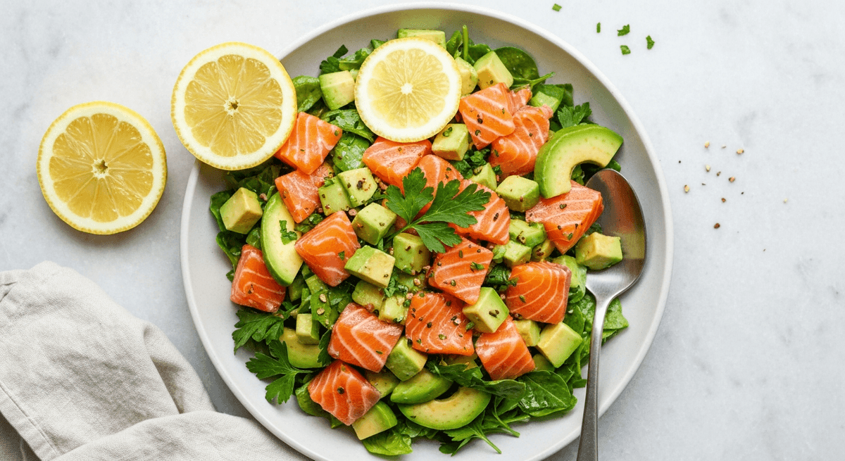 Salmon and avocado salad with citrus segments on greens