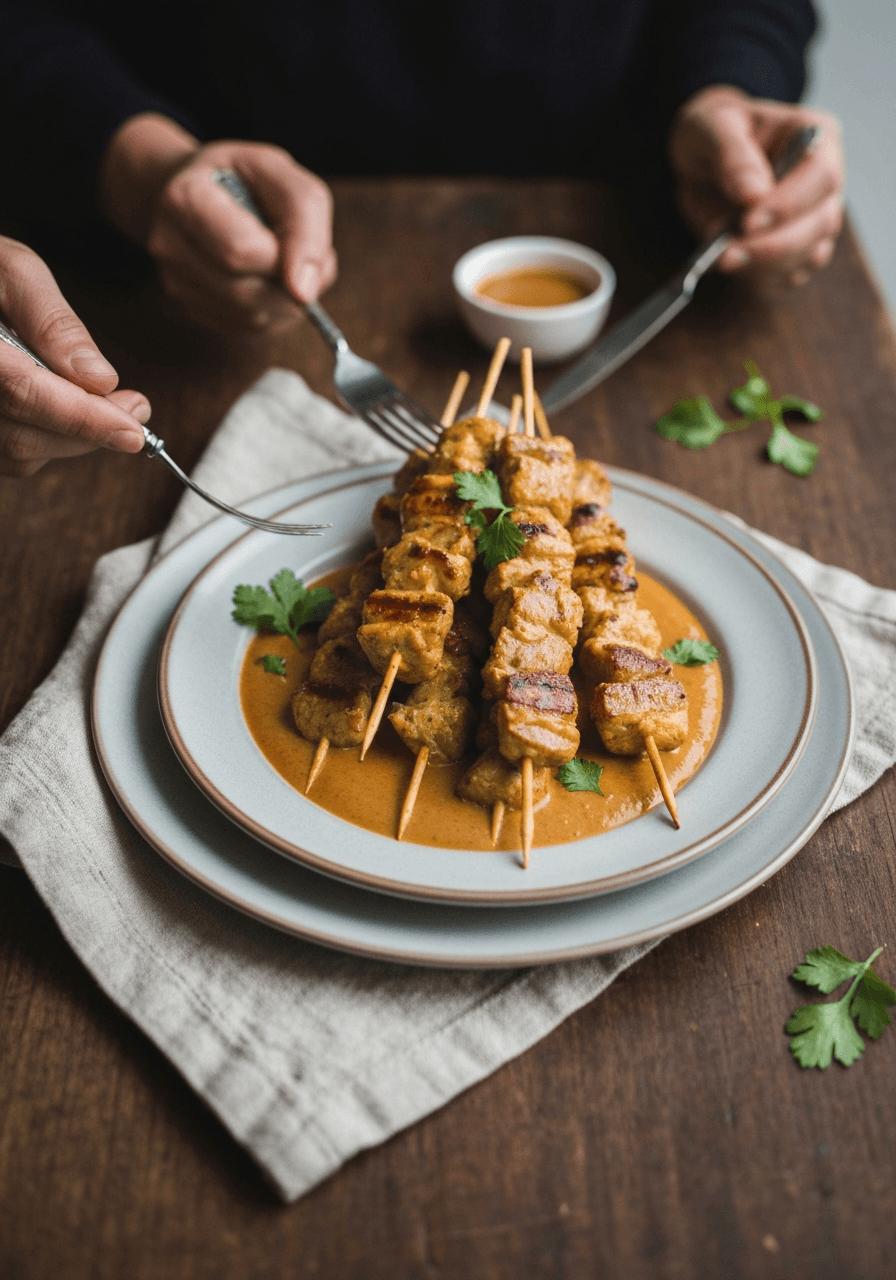 Satay — Peanut Sauce Skewers: Tender grilled skewers meet rich, creamy peanut sauce in this Southeast Asian-inspired dish. The coconut milk marinade ensures every bite is succulent and flavorful.