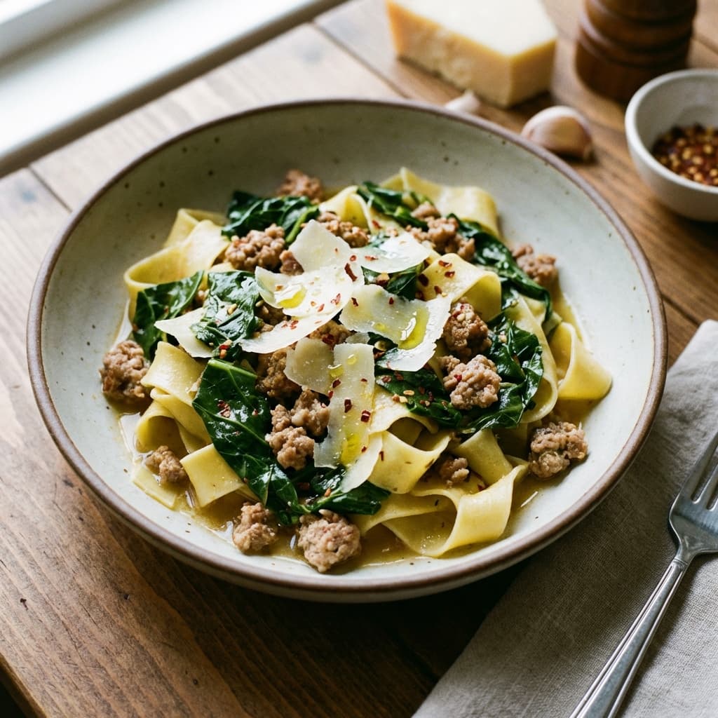 Sausage + Collard ‘Pasta’ (Ribbon Greens): Collards cut into ribbons and treated like noodles.