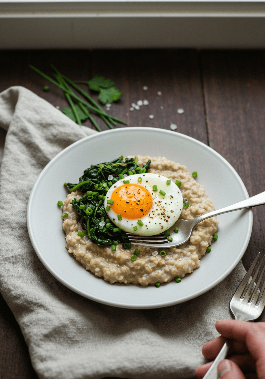 Savory Oatmeal — Egg Greens Soy: Reimagine oatmeal with savory flavors! This warm, comforting bowl is topped with a soft egg, sautéed greens, and a touch of soy sauce for a satisfying and quick meal.
