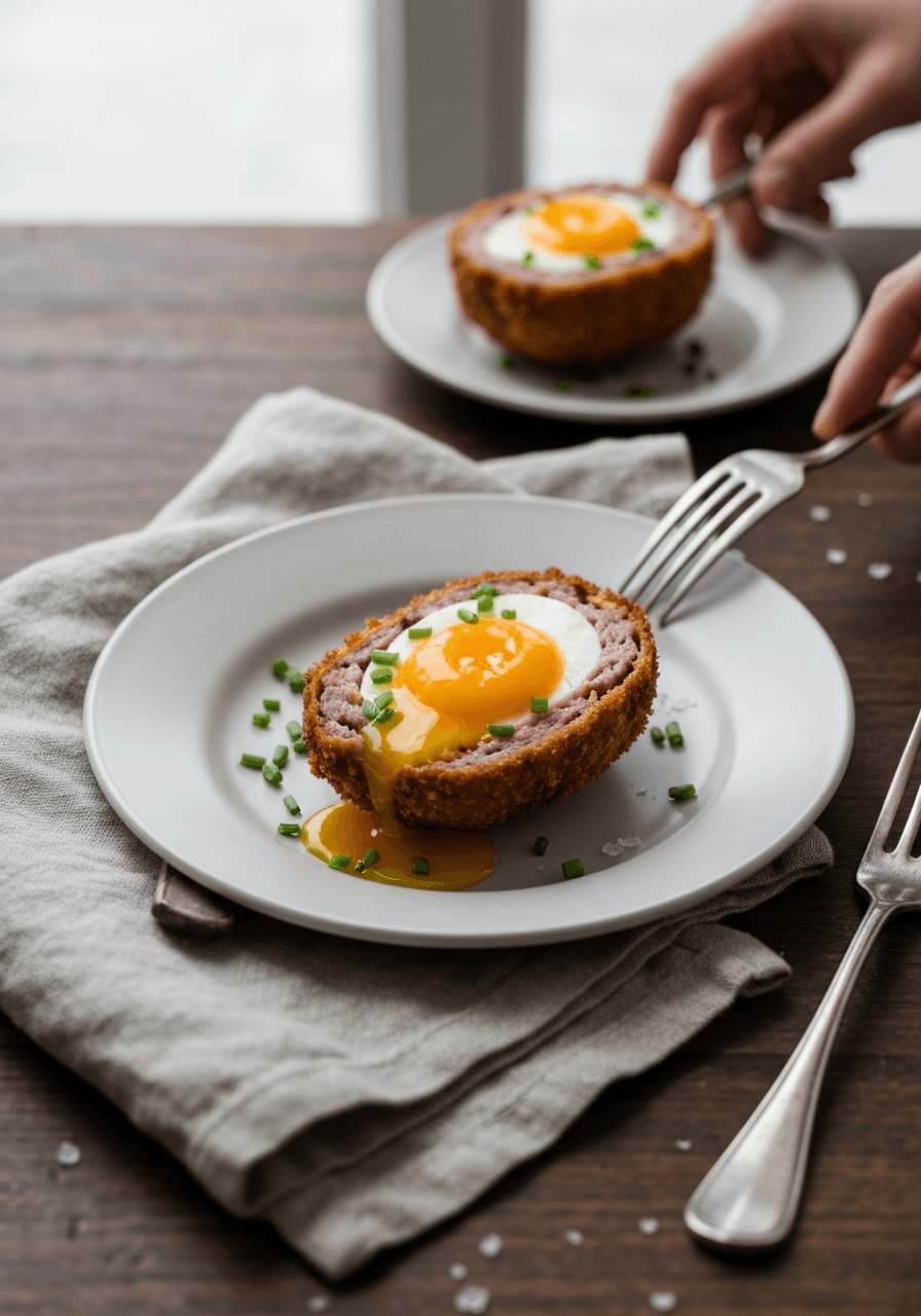 Scotch Egg — Soft Center: A British pub classic, elevated. Runny yolk, crispy sausage, pure joy.