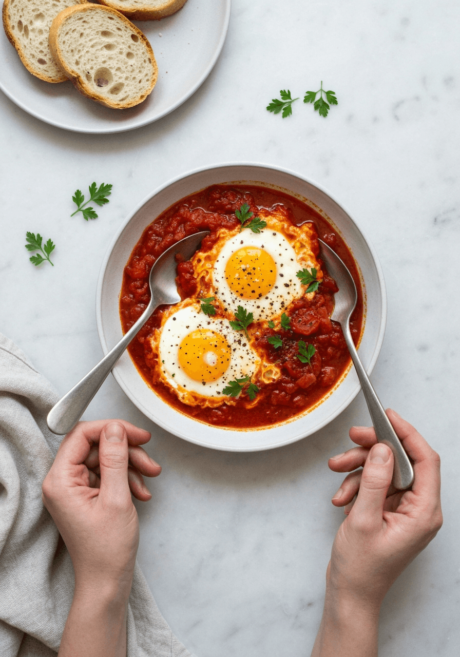 Eggs poached in spicy tomato purgatory. Bread required.