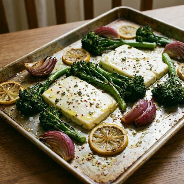 Softened slabs of glossy white feta cheese with charred broccolini, roasted red onion wedges, and charred lemon slices on a sheet pan.
