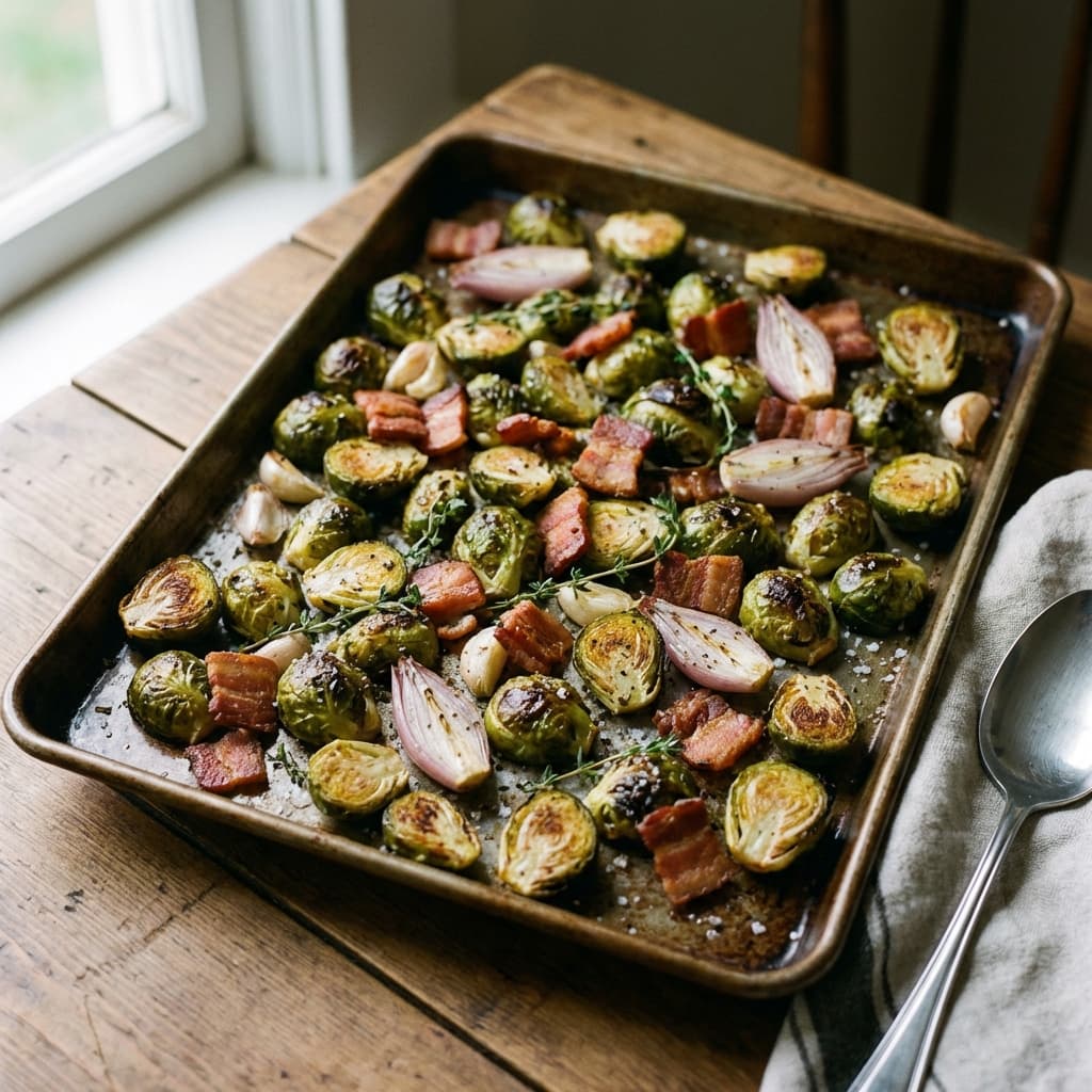 Sheet pan Brussels sprouts browned cut-side down with crisp bacon pieces