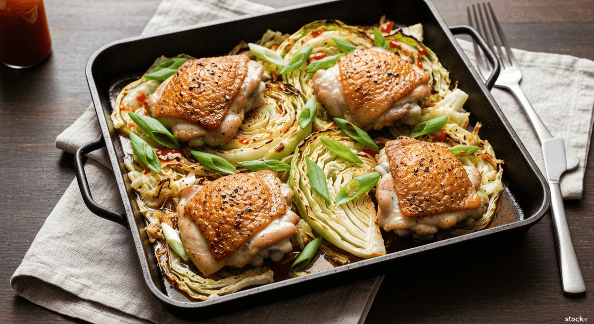Sheet pan chicken thighs with browned cabbage and a pepper-vinegar drizzle