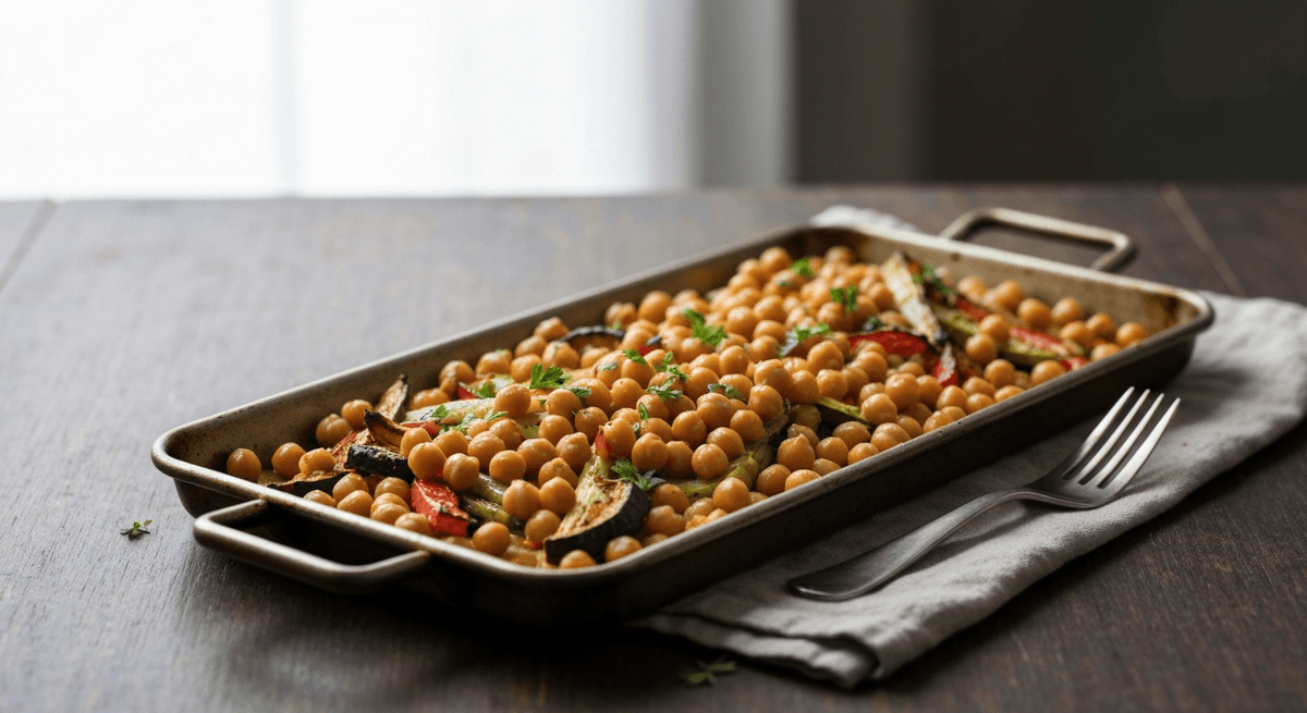 Sheet pan with roasted chickpeas and browned vegetables with lemon wedges