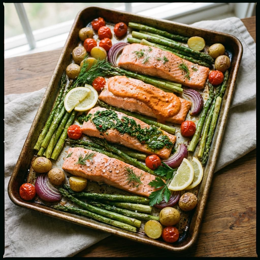 Roasted salmon fillets on a sheet pan with glossy glaze