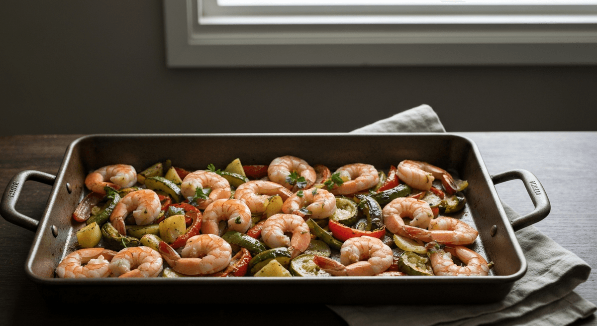 Sheet pan with roasted vegetables and shrimp tossed with garlic and lemon