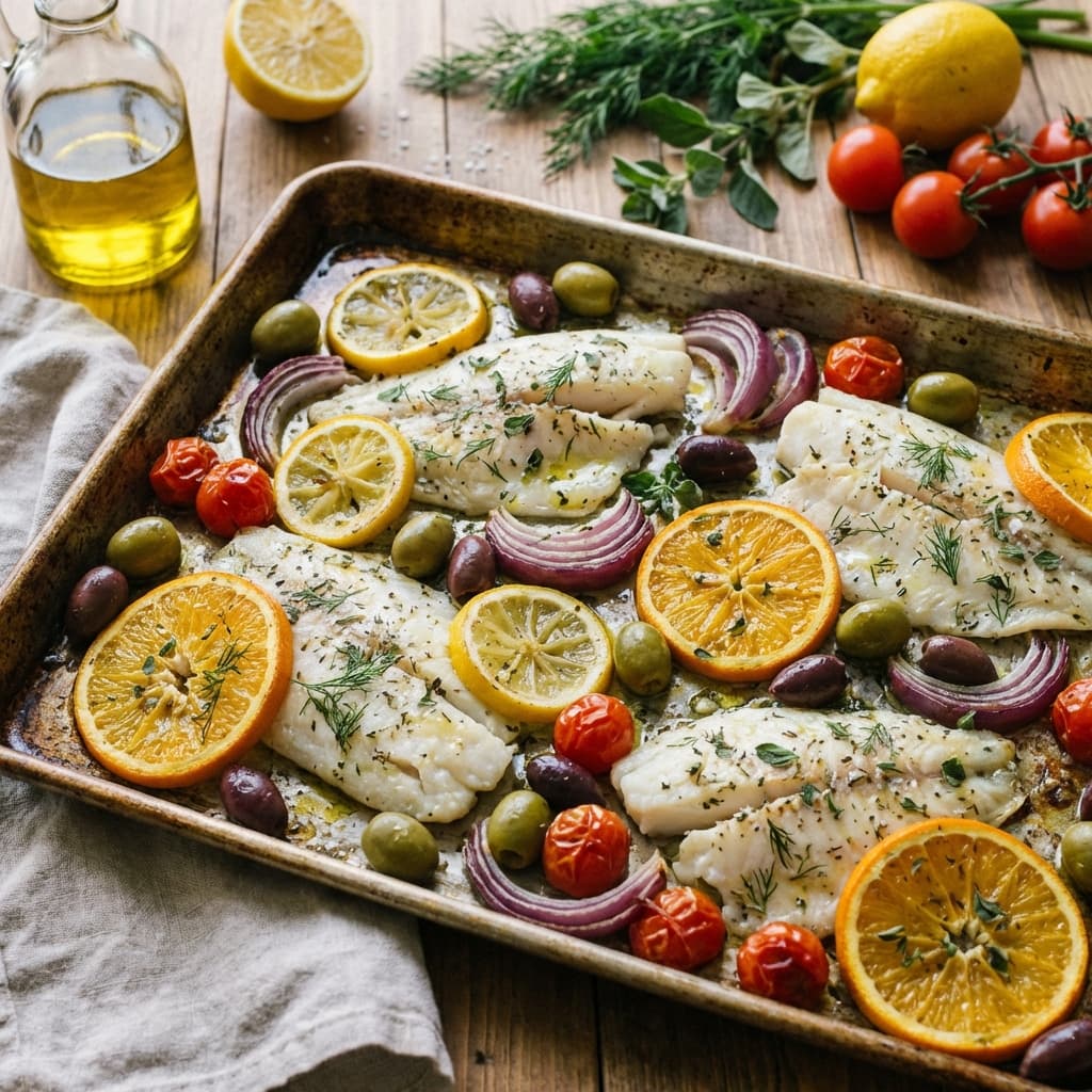 Sheet pan tilapia fillets with citrus slices and herbs