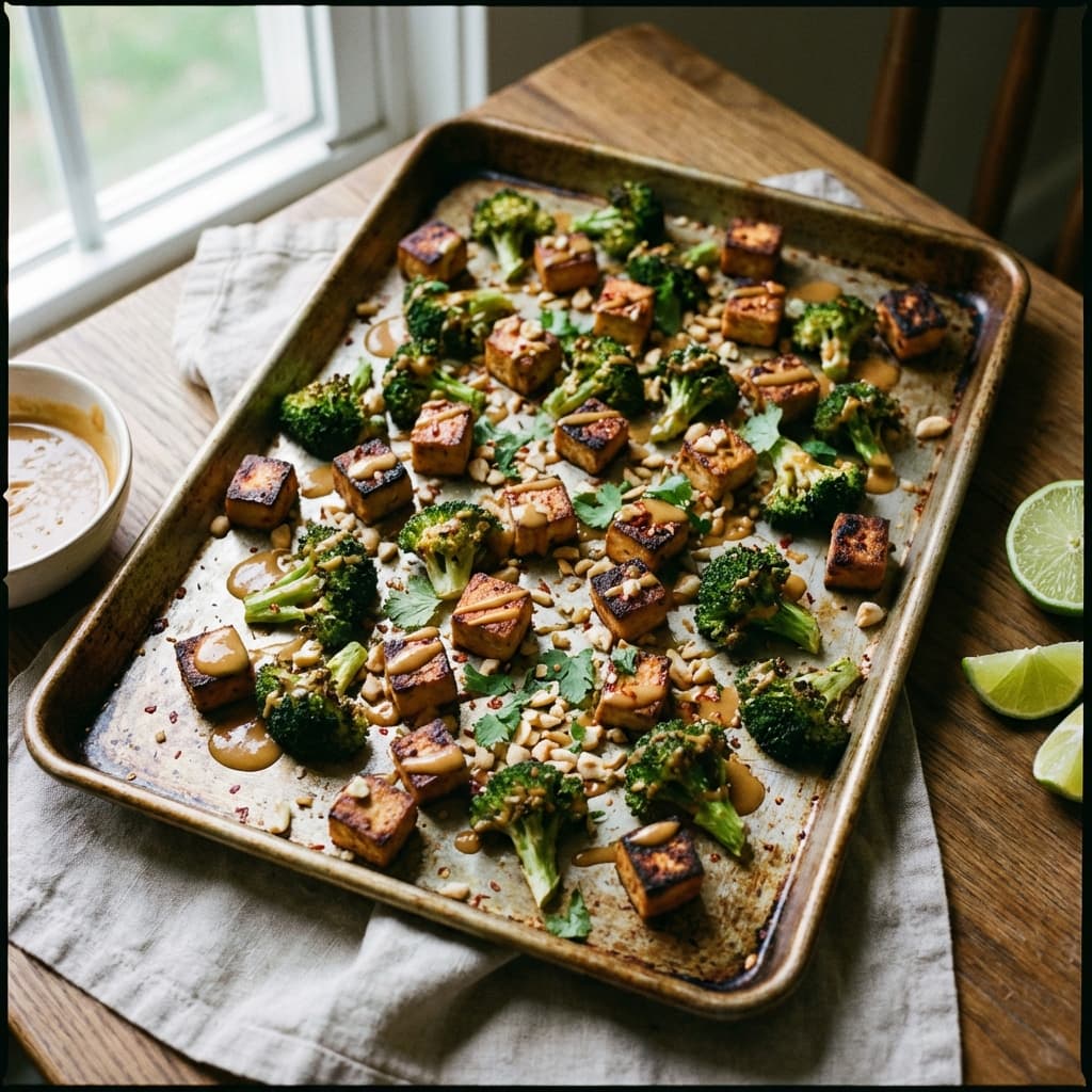 Sheet pan with roasted tofu cubes and browned broccoli, drizzled with peanut-lime sauce