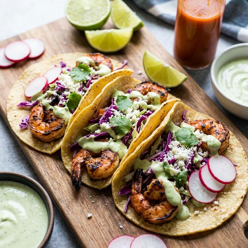 Shrimp tacos with shredded cabbage and lime crema on corn tortillas