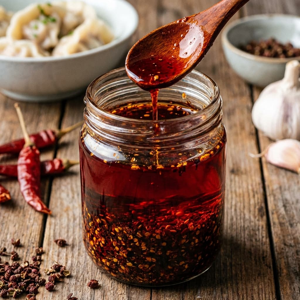 Bright red Sichuan chili oil in a jar with sesame seeds