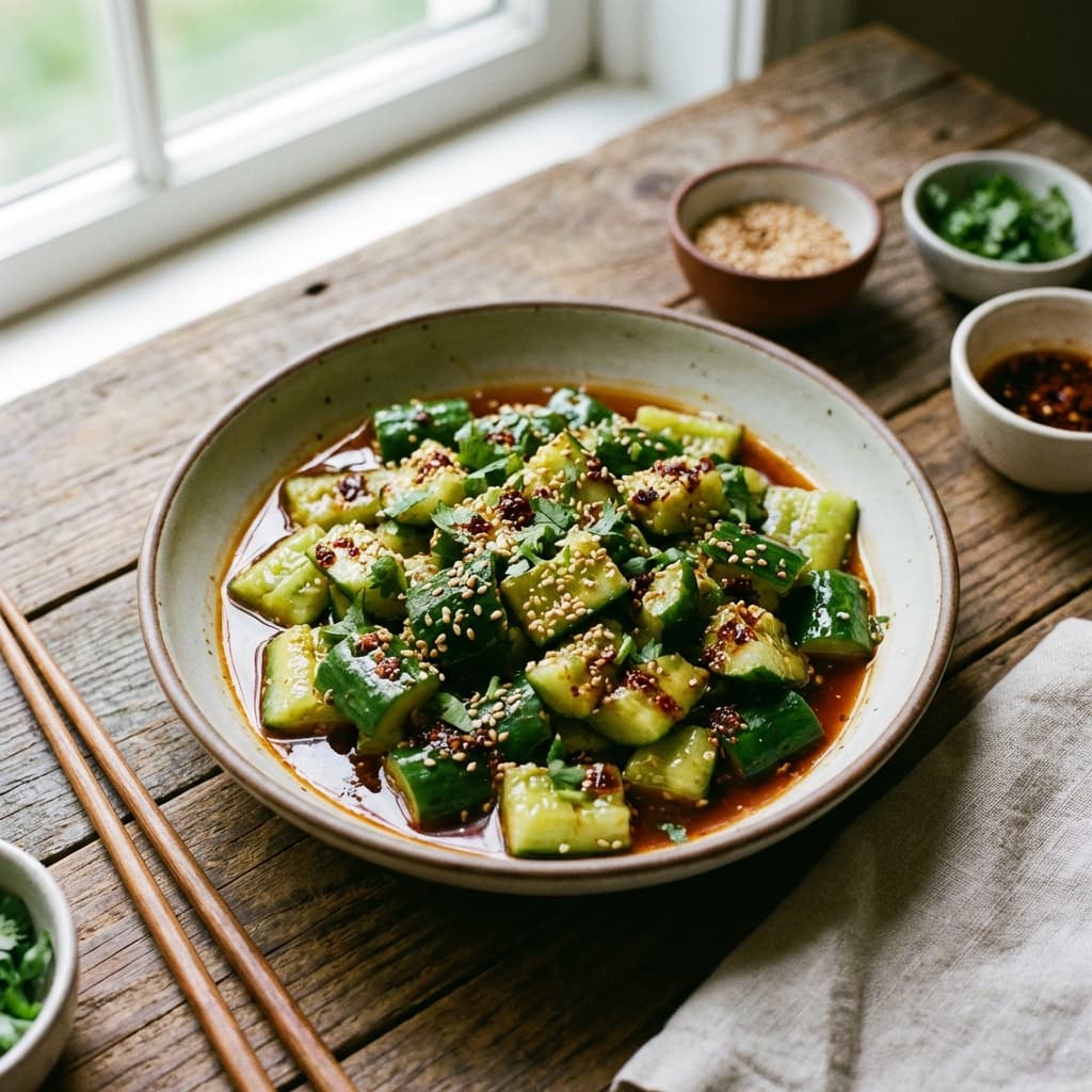 Smashed cucumber salad with chili oil and garlic in a bowl