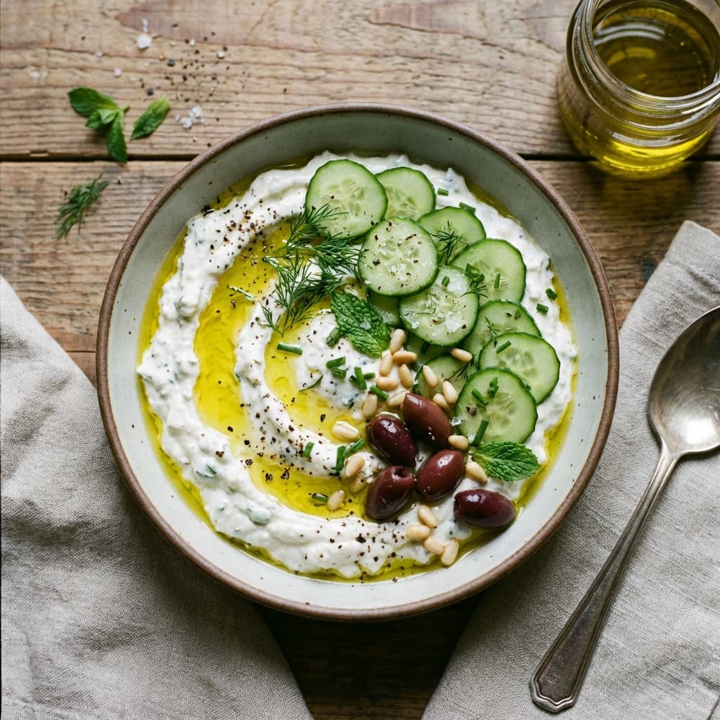 A bowl of skyr topped with cucumber, olive oil, and lemon zest