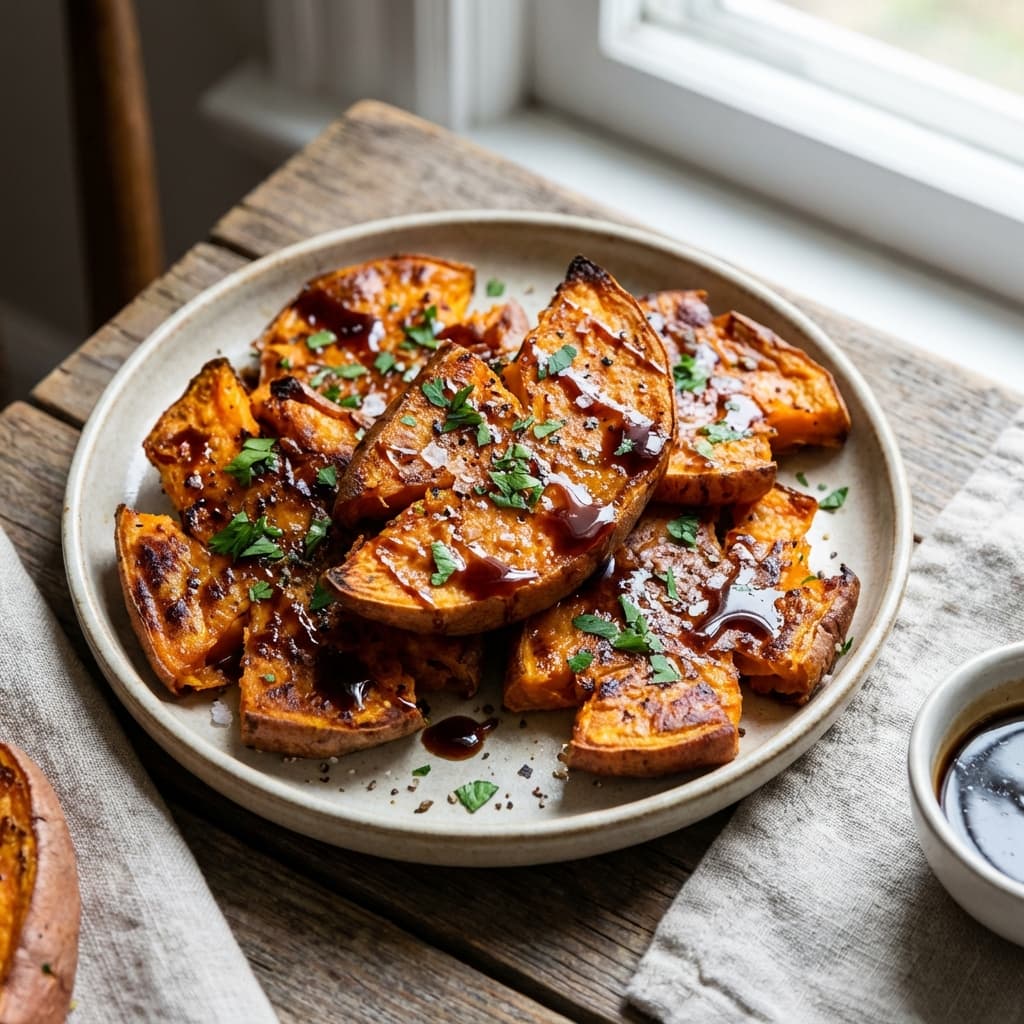 Smash Sweet Potato Wedges with Pepper-Vinegar Drizzle: Crisp edges, creamy centers, and a vinegar snap that wakes everything up.