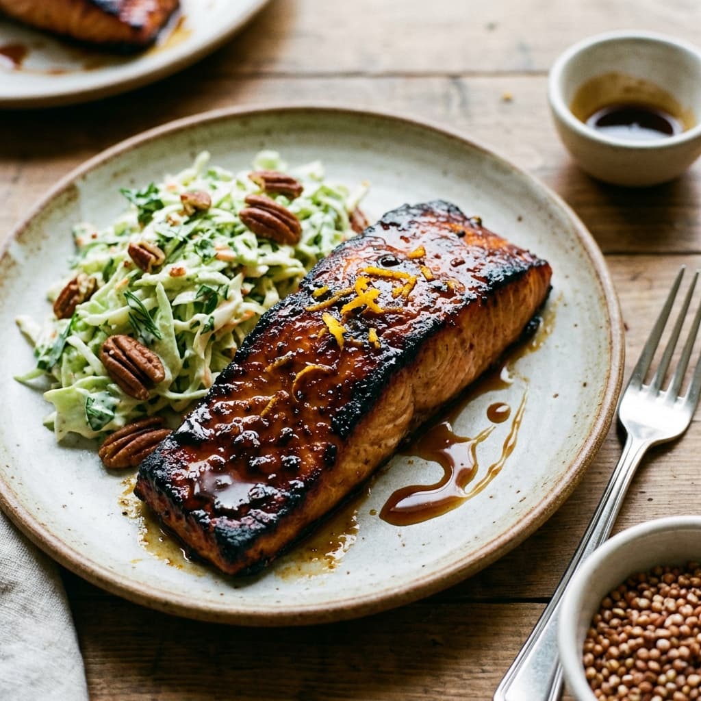 Sorghum Glazed Salmon with Collard Slaw: Sweet-smoke glaze and a crisp greens counterpunch.