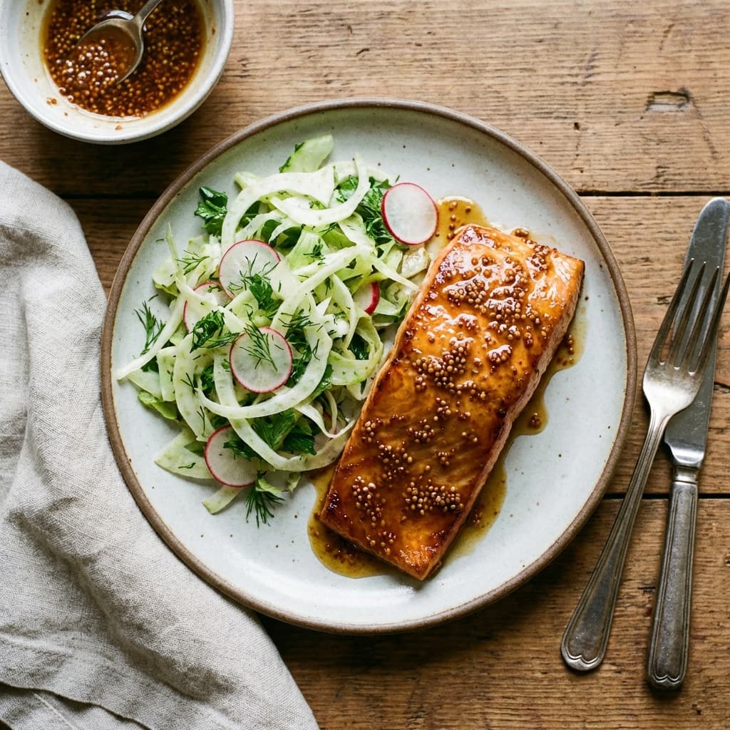 Sorghum-Mustard Glazed Salmon with Shaved Collard Salad: Sweet-smoke glaze and a crisp greens counterpunch.