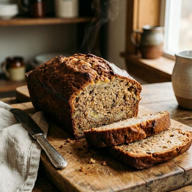 A rustic dark-golden loaf of Sour Cream Banana Bread with a deep center crack and moist crumb with banana chunks.
