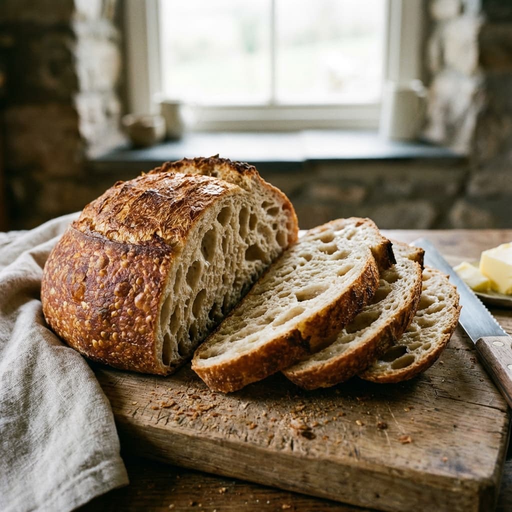 A rustic sourdough loaf with a deep brown crust and a scored top