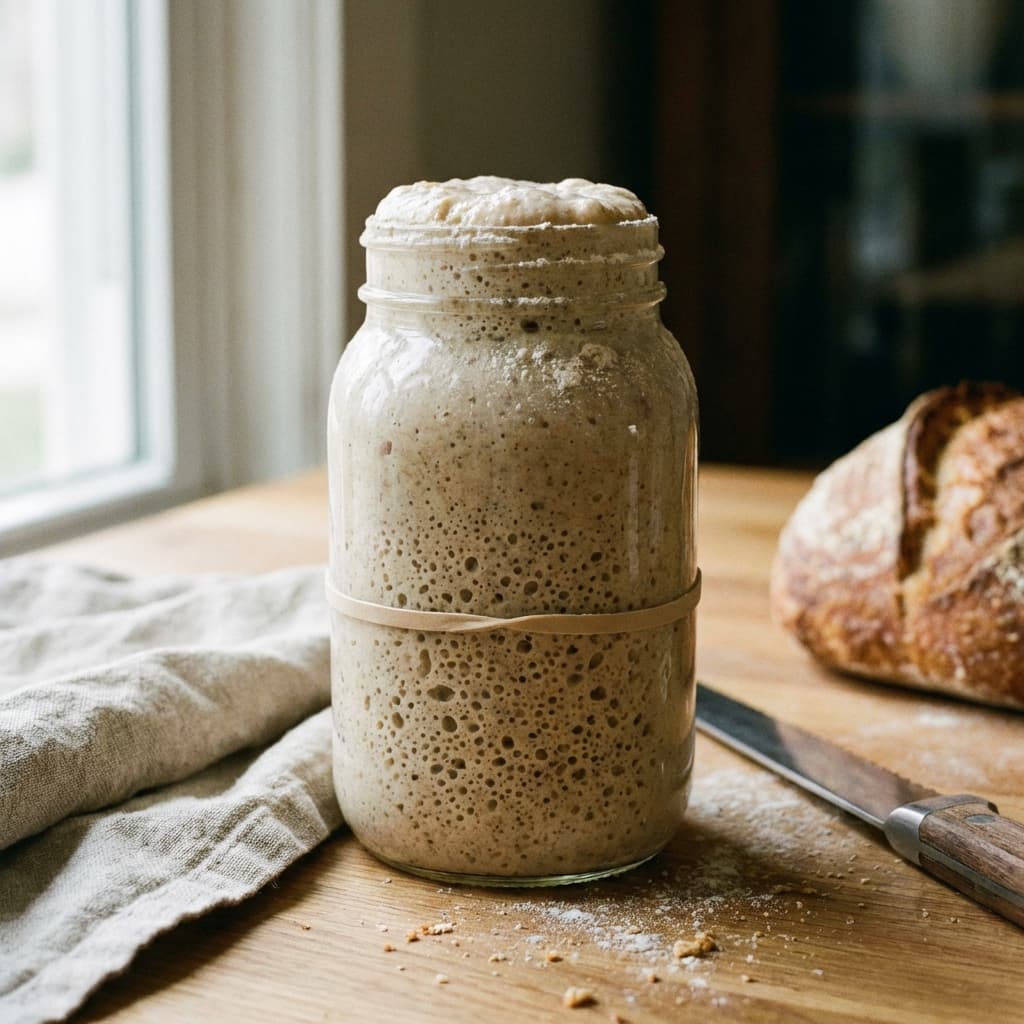 A bubbly sourdough starter in a glass jar with a loose lid