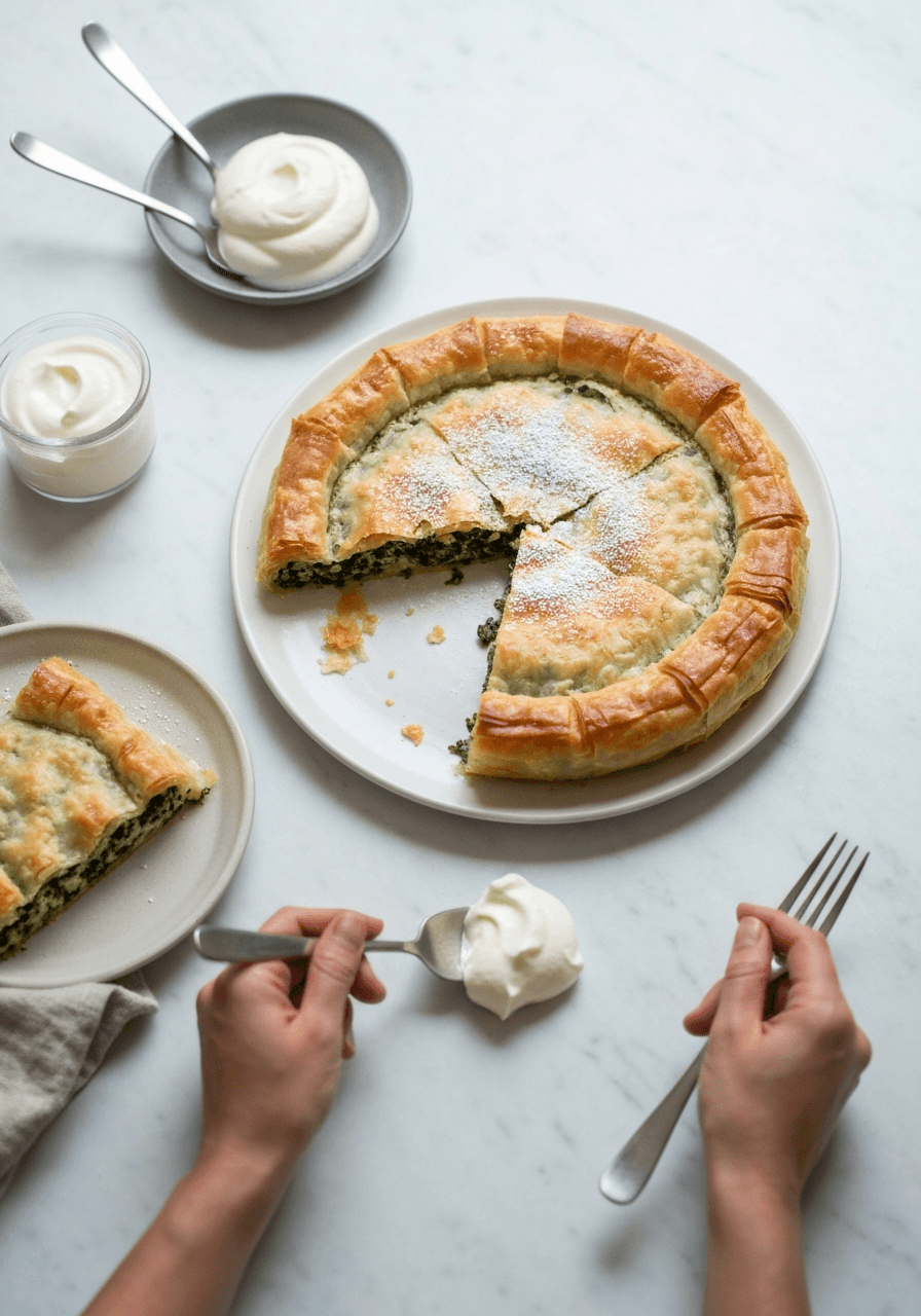 Crispy, flaky phyllo dough embraces a savory spinach and feta filling in this classic Greek pie. A satisfying dish that's perfect for sharing!