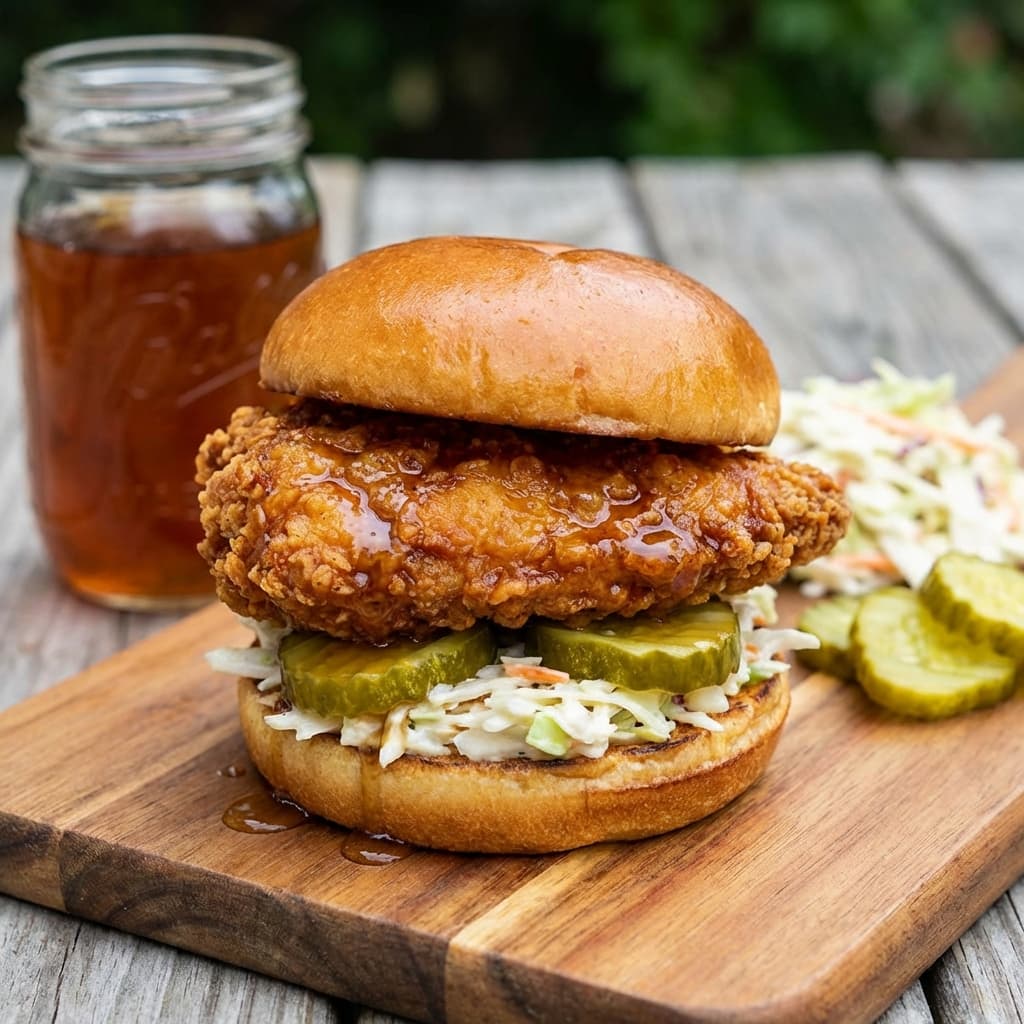 Tea-brined chicken with crisp crust and pickles that slap.