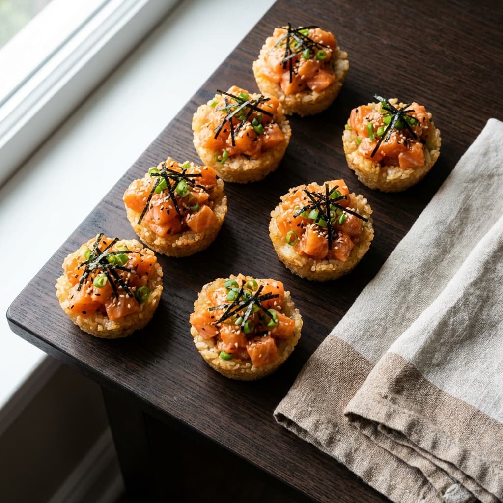 Crispy sushi rice cups topped with spicy salmon, nori strips, sesame seeds, and scallions